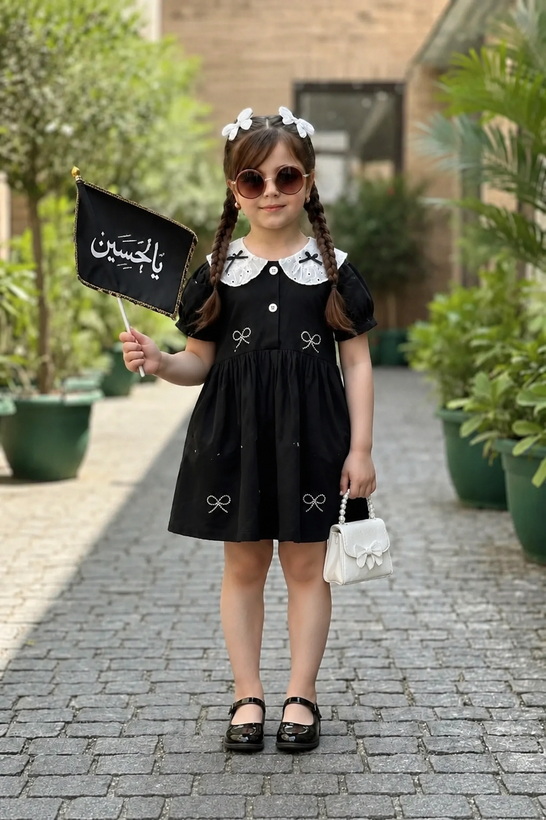 پیراهن مشکی لنین یقه سوزن دوزی پاپیون